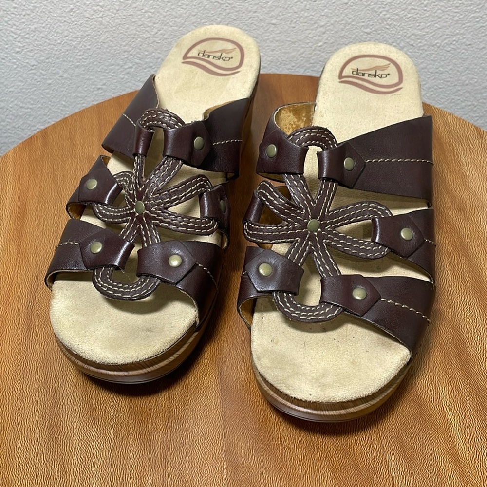 Dansko Brown Leather Strappy Slide Sandals